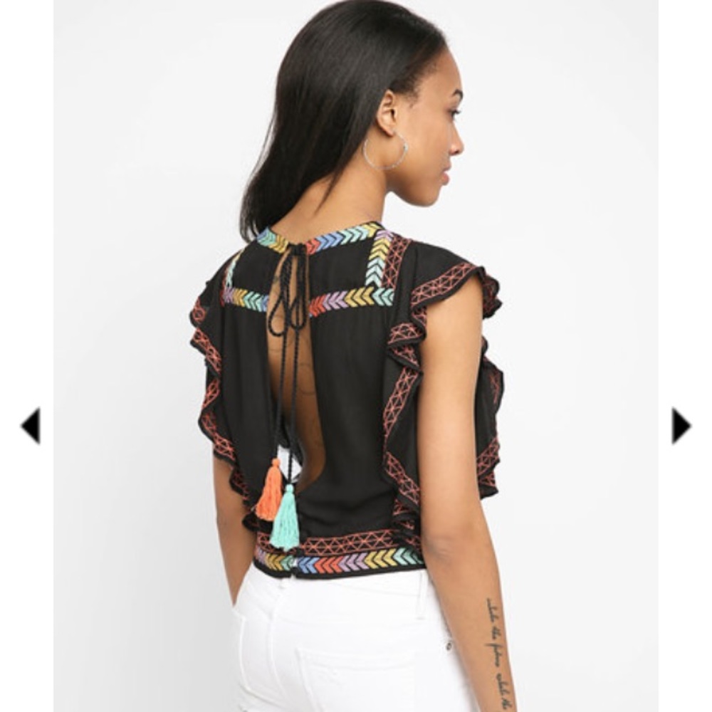 Embroidered ruffle sleeve open back top