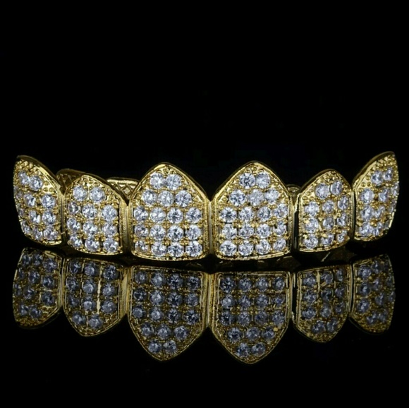 14K GOLD PLATED ICED OUT GRILLZ SET - Picture 2 of 3