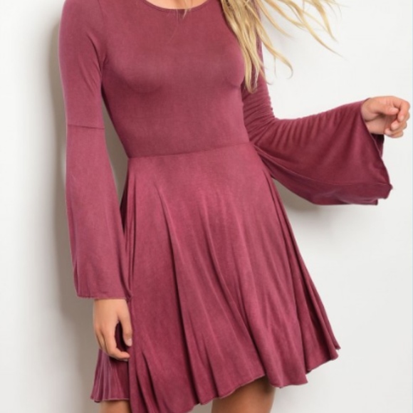 LAST 1: Wine Bell Sleeve Fit and Flare Dress - Picture 2 of 6