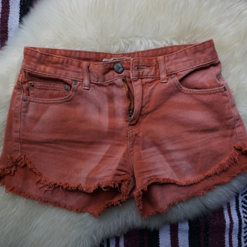 FP Peachy Orange Destroyed Denim Shorts