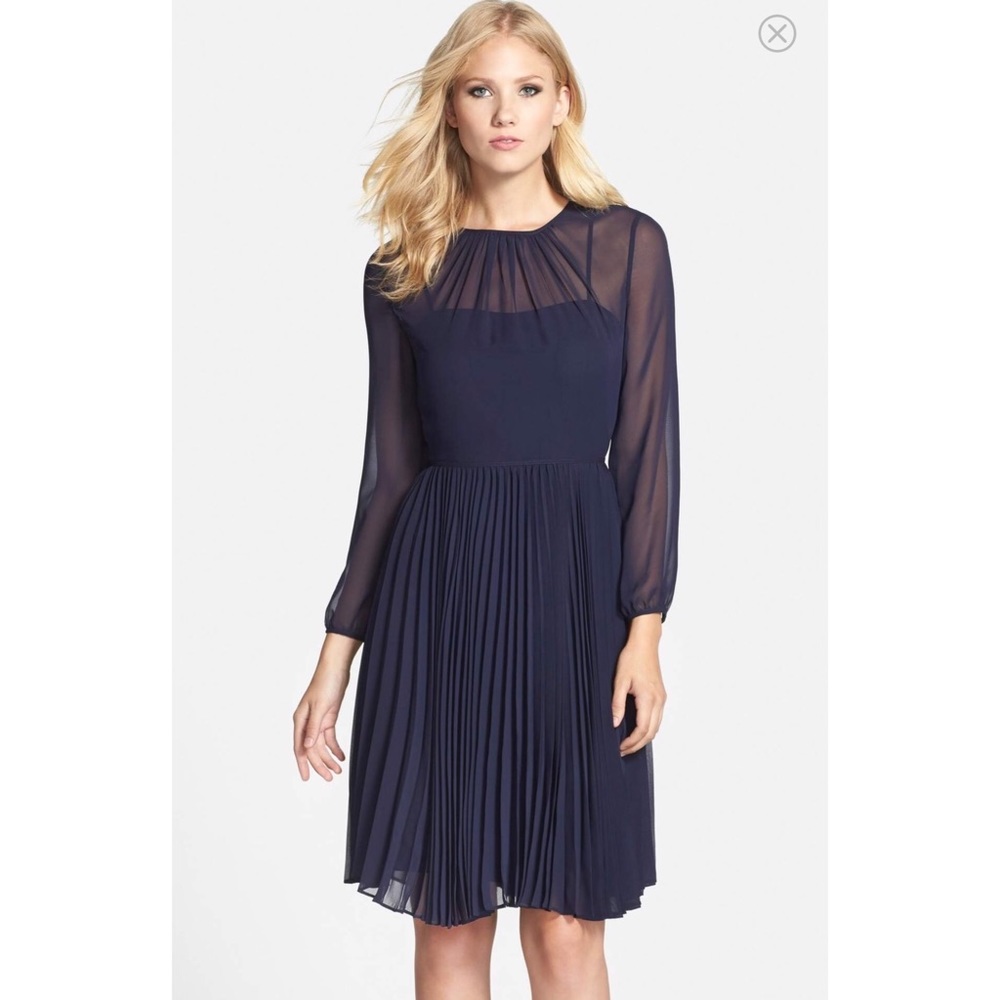 Navy Dress - Pleated Chiffon Fit and Flare