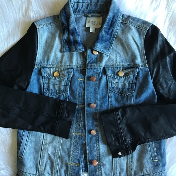 denim jacket with faux leather sleeves