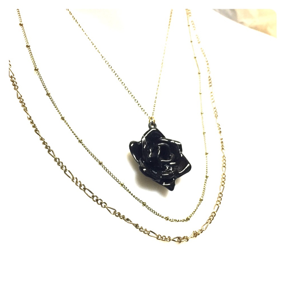 Elegant Black Rose Pendant w/ 3 chains