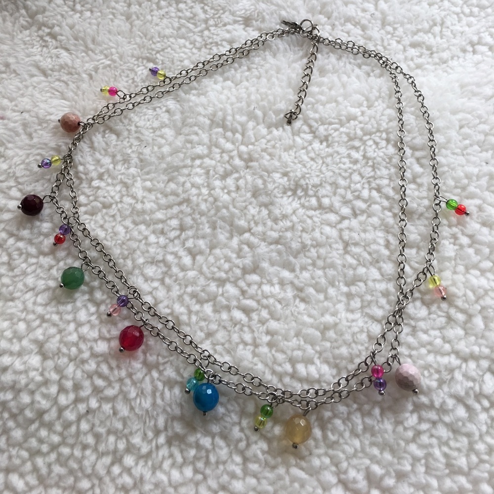 2 layered necklace w/ colored beads & agate stone