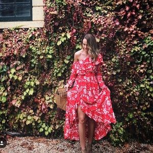 Red and white floral asymmetrical dress