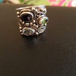 Genuine amethyst peridot  blue topaz Bali ring