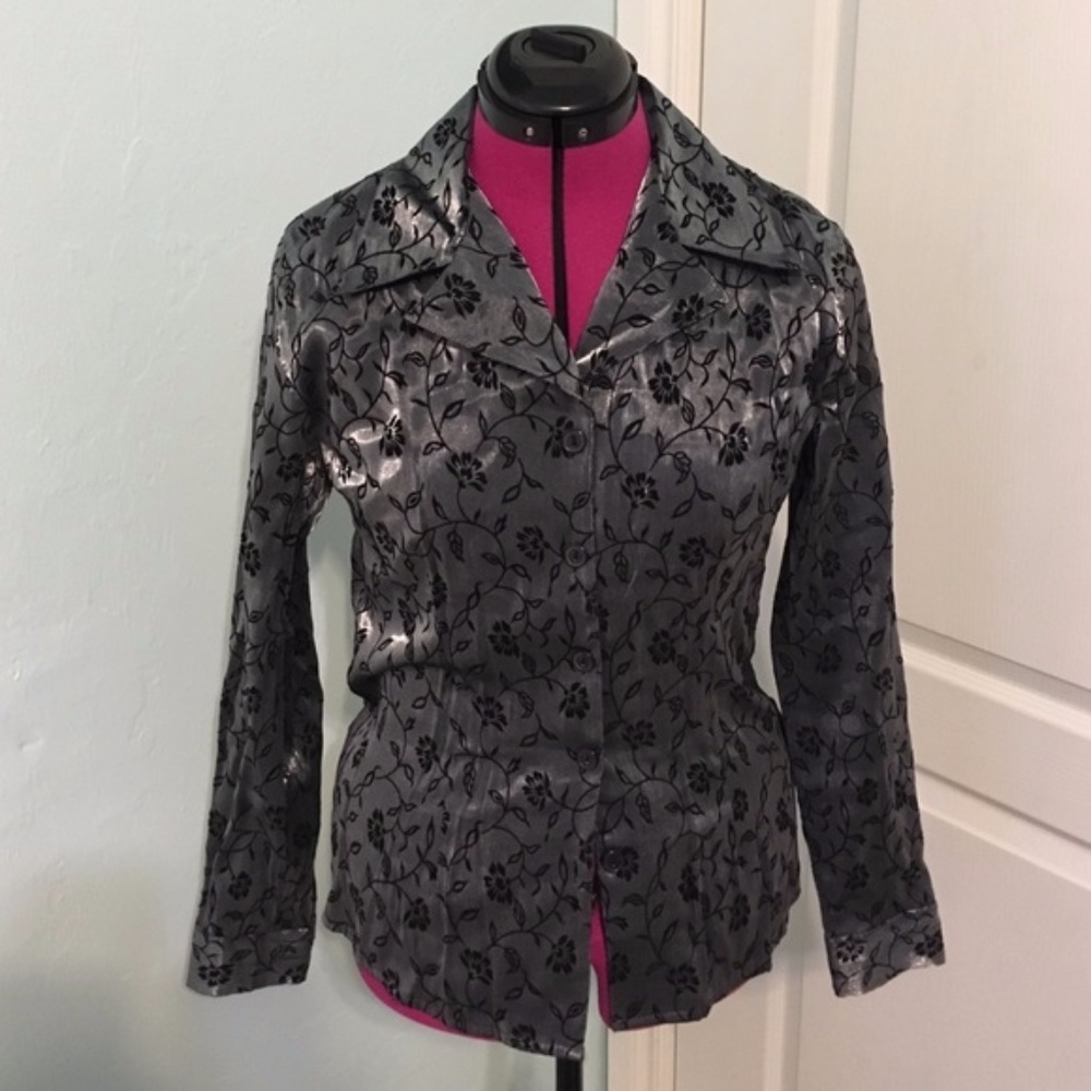Silver with black dressy button down blouse