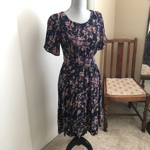 Vintage Style Deep Navy Blue Floral Dress - Size 6