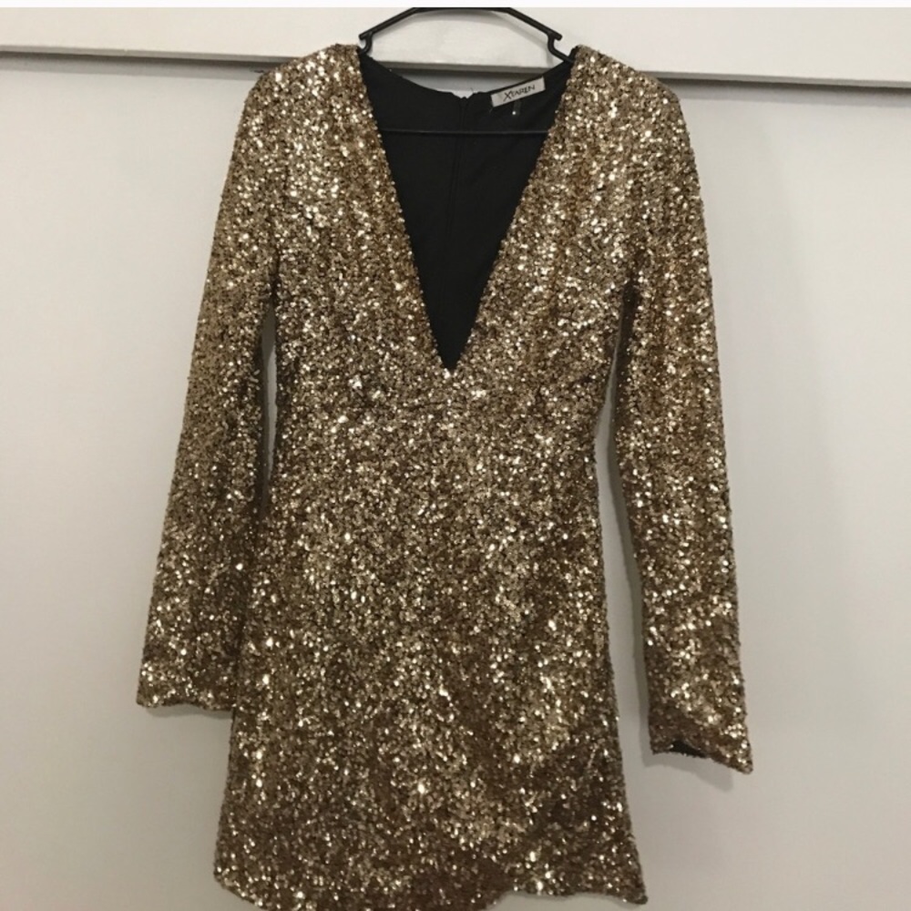 Long sleeve deep V gold sequin mini dress