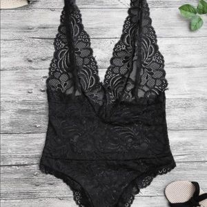 Sheer Lace Plunging Neck Teddy Lingerie