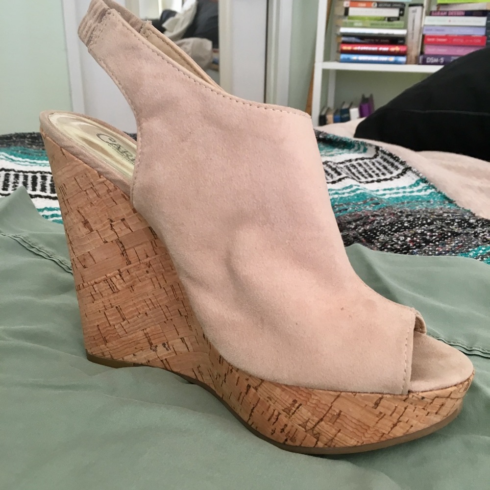Carlos Santana Nude Suede Peep-Toe Wedges! (8 1/2)