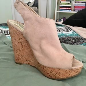 Carlos Santana Nude Suede Peep-Toe Wedges! (8 1/2)