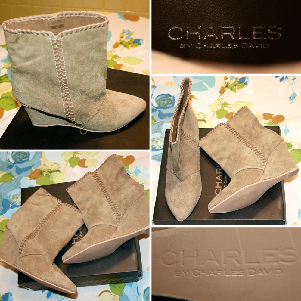 Tan Whipstitched Suede Wedged Ankle Boot NIB - Picture 2 of 8