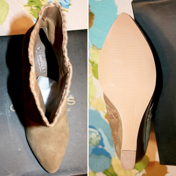 Tan Whipstitched Suede Wedged Ankle Boot NIB - Picture 6 of 8