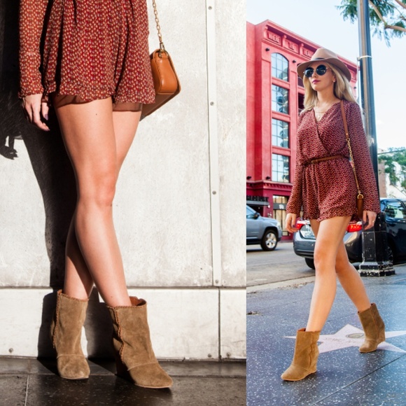 Tan Whipstitched Suede Wedged Ankle Boot NIB - Picture 8 of 8