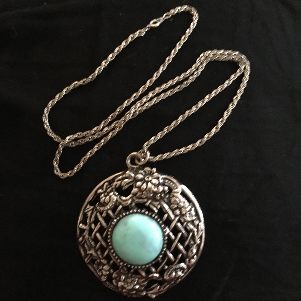 Vintage 70s silver filigree turquoise necklace