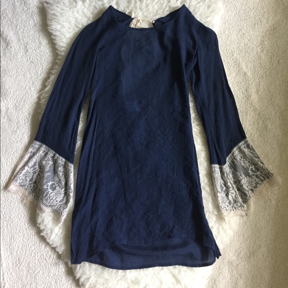 Judith march navy tunic with lace bell sleeves