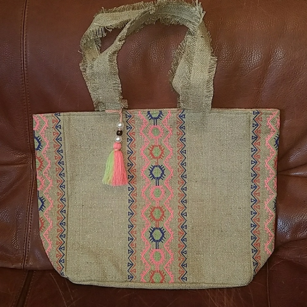 New Ranee's Large Boho Chic Burlap Beach Bag Tote