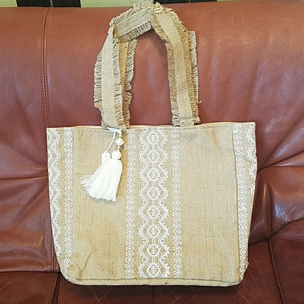 New Ranee's Large Boho Chic Burlap Tote w/ Tassel