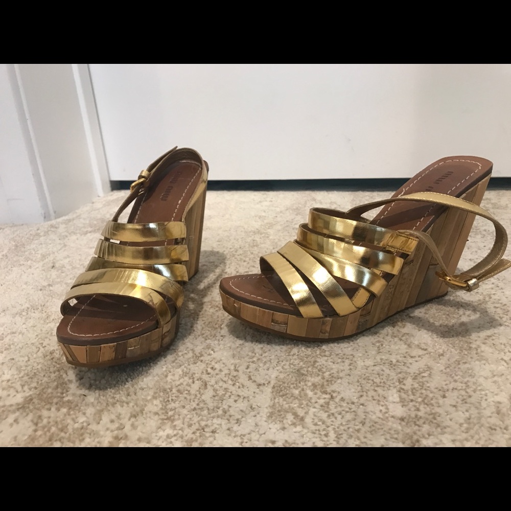 Miu Miu metallic gold wedge sandals