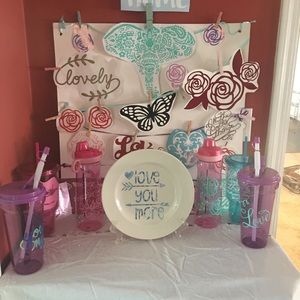 Handmade crafts, decals, cups and plates