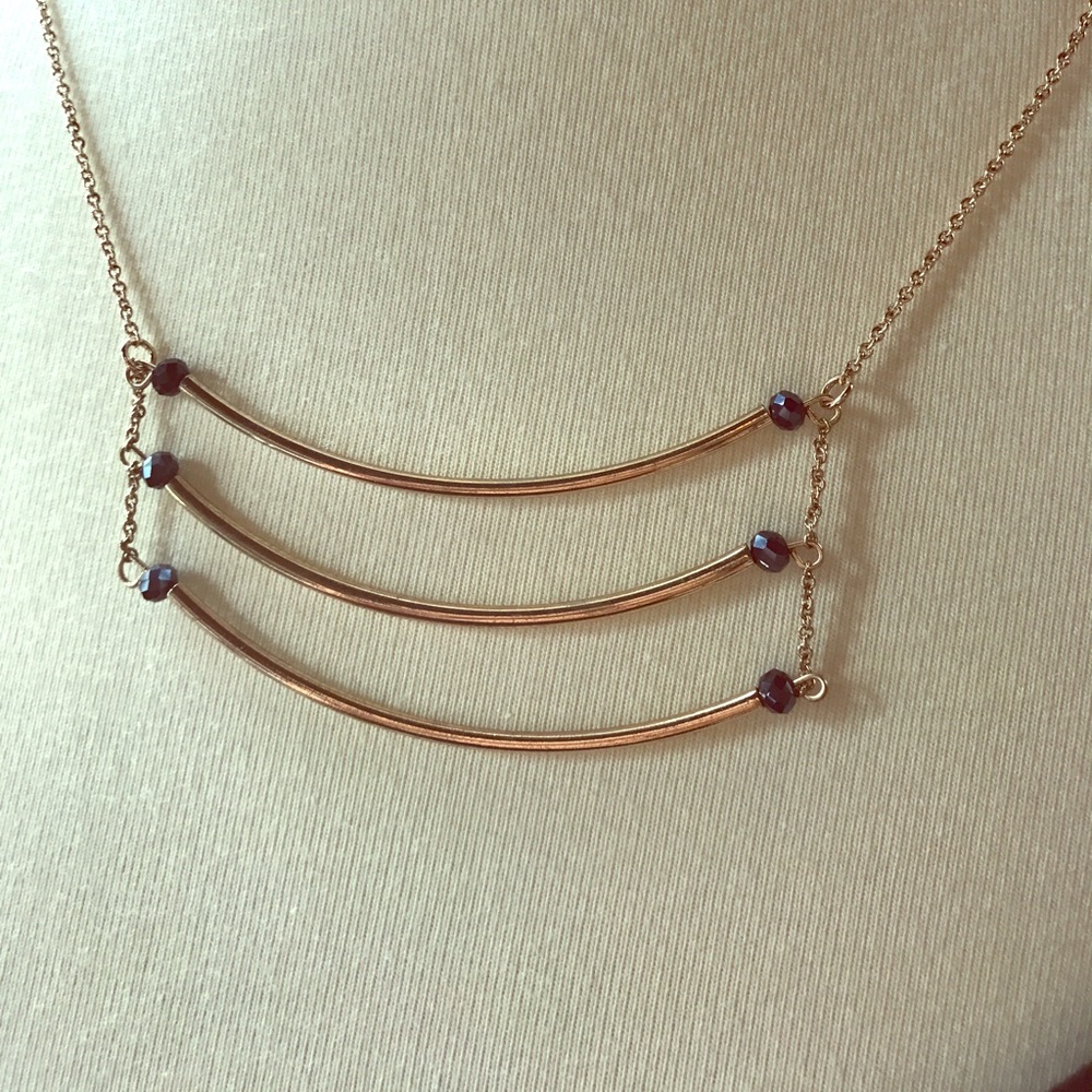 Long gold triple bar necklace black shimmer accent