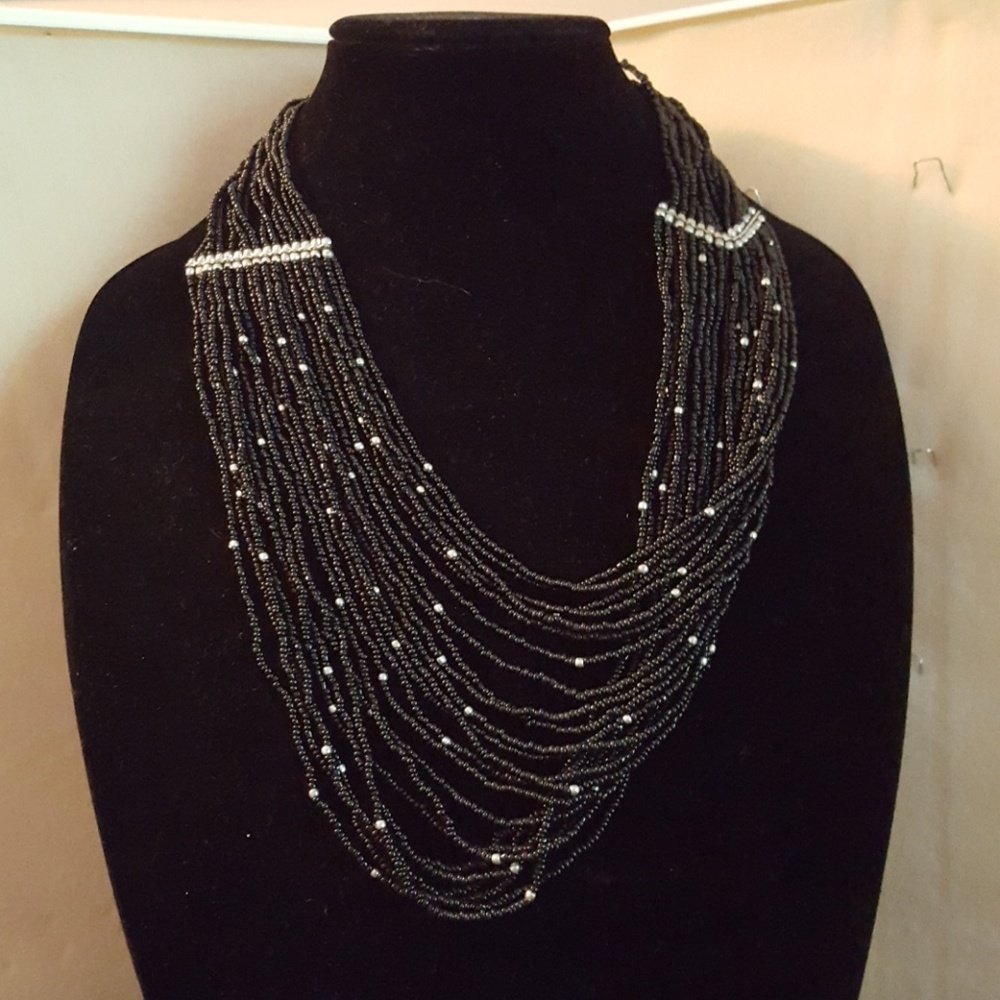 Black beaded necklace - silver accents