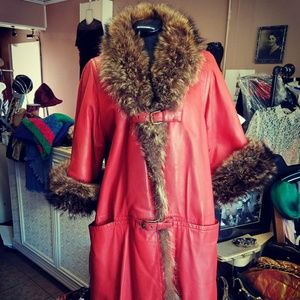 Vintage Cherry Red Leather & Beaver Fur Trimmed Vintage Cherry Red Leather & Beaver Fur Trimmed