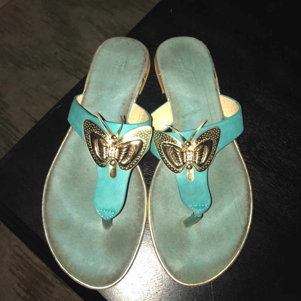 Turquoise sandals with gold butterflies 🦋