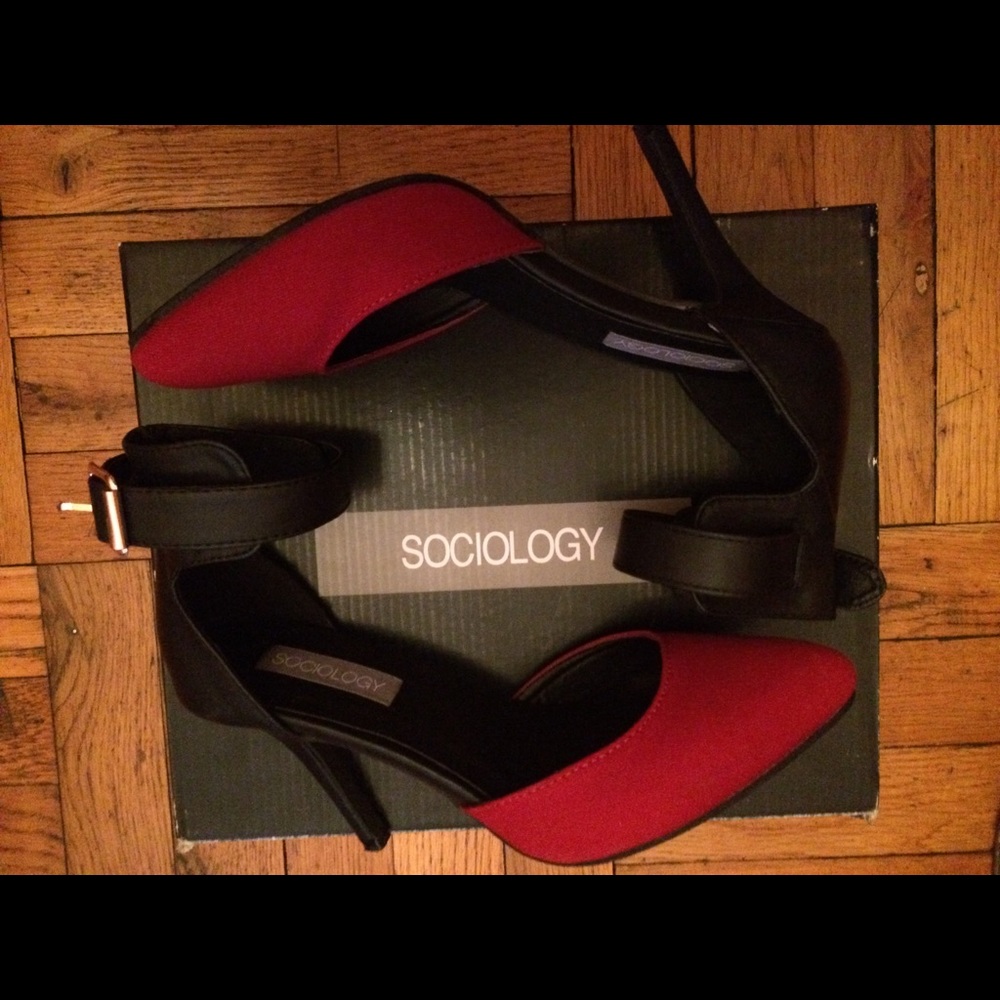 Black and red color block heels with ankle buckle