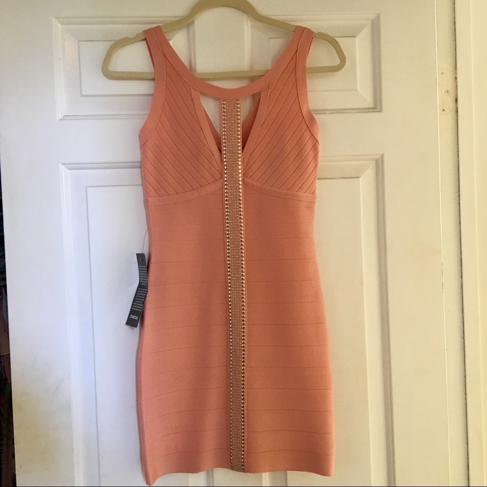 Bebe Pink Coral Bandage body con dress