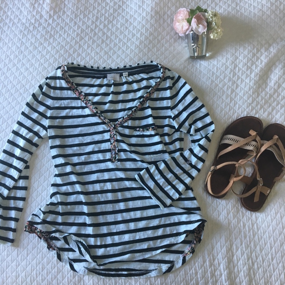 Pretty Striped 3/4 Length Shirt with Floral Detail