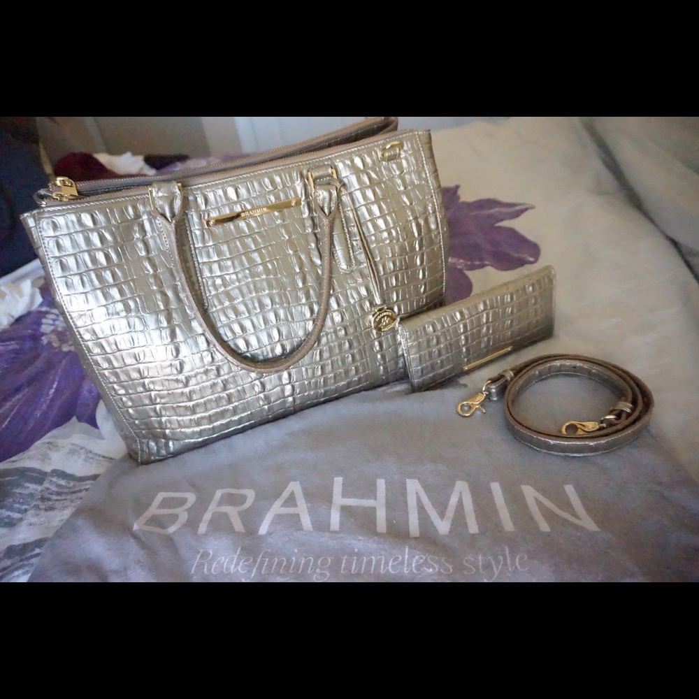 Brahmin Lincoln Satchel in Pryrite La Scala set