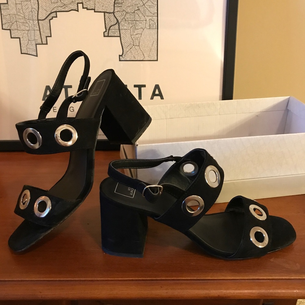 Black suede 14th and Union heels. Silver grommets!
