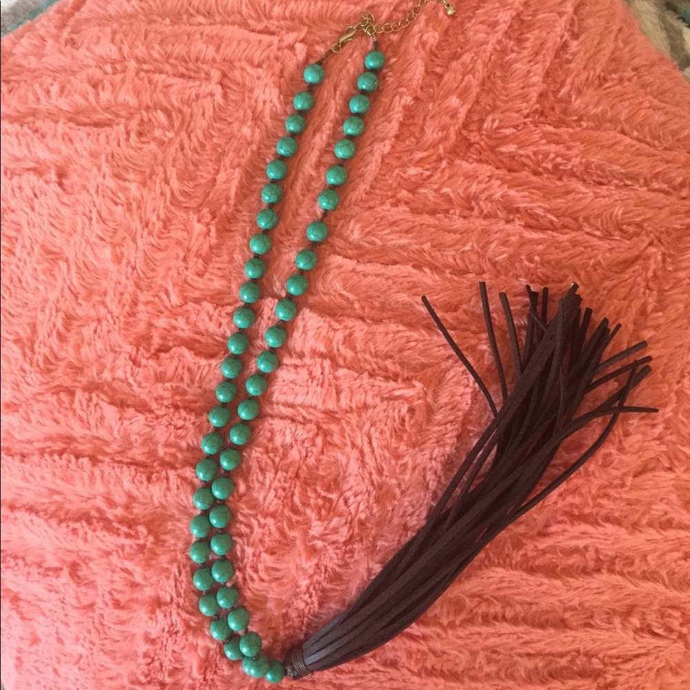 Long turquoise tassel necklace