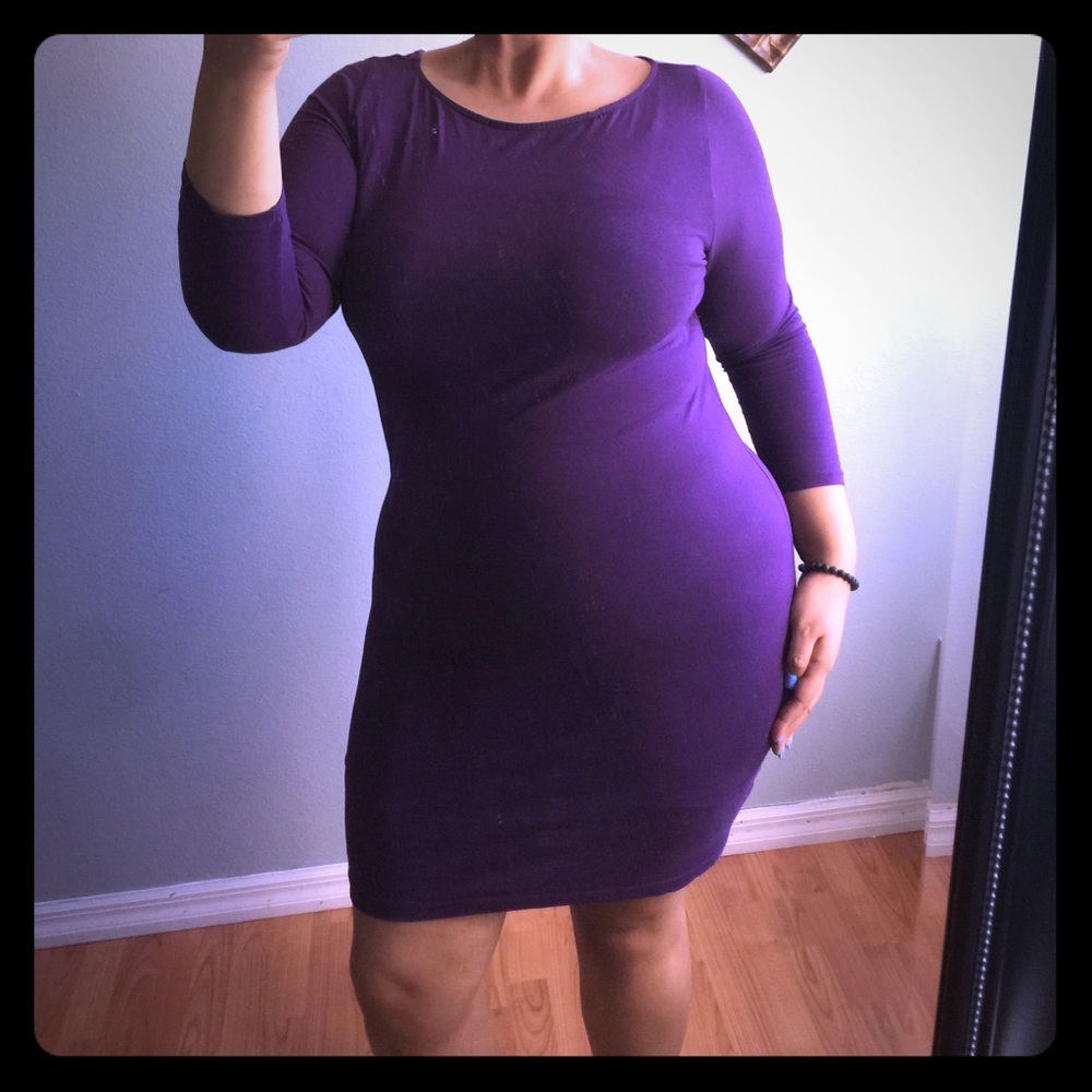 Basic quarter sleeve jersey dress in deep purple