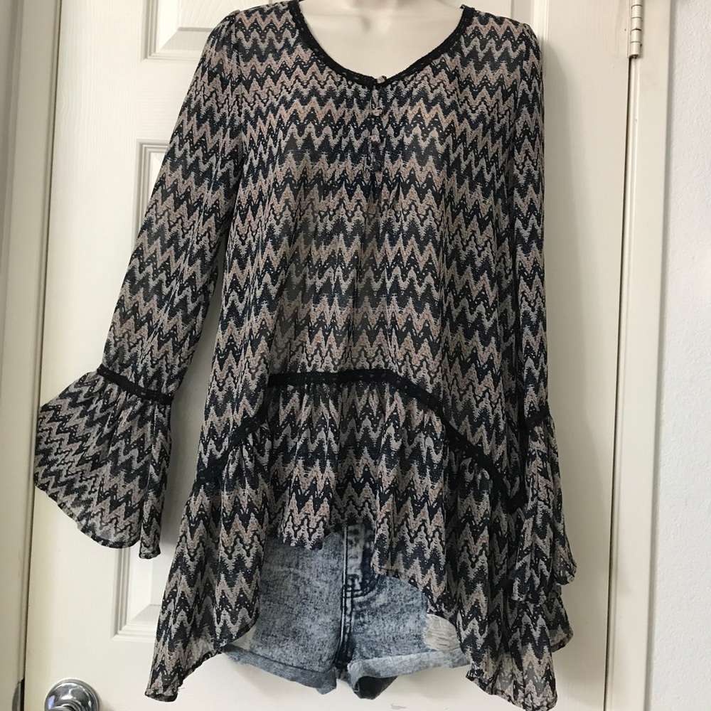 Blue Pepper Boho Chevron Print Chiffon Top