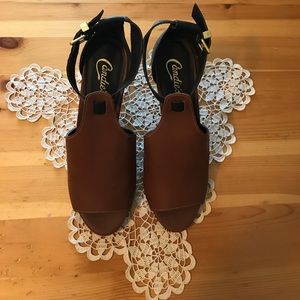 Candies black and brown open toe heels.