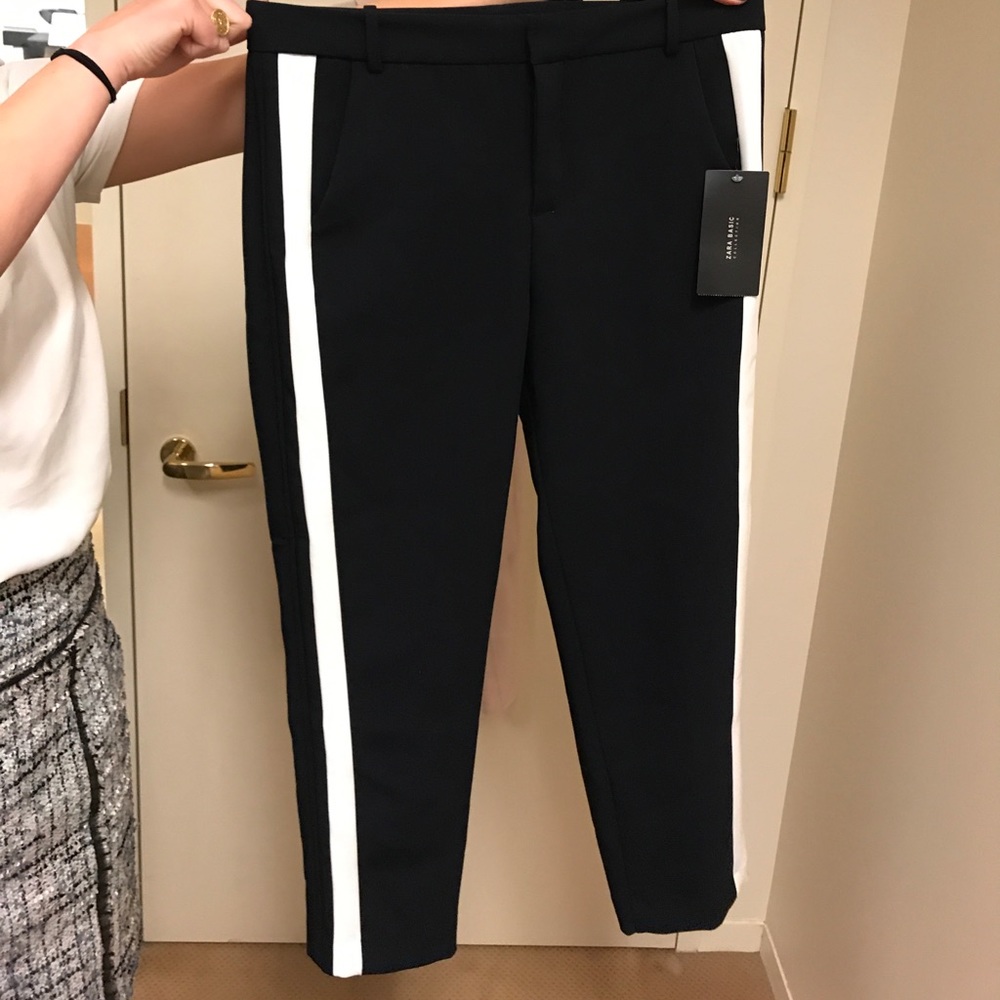 Navy trousers with white stripe