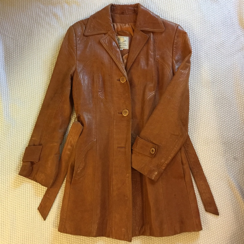 Tan/camel colored leather trench coat jacket