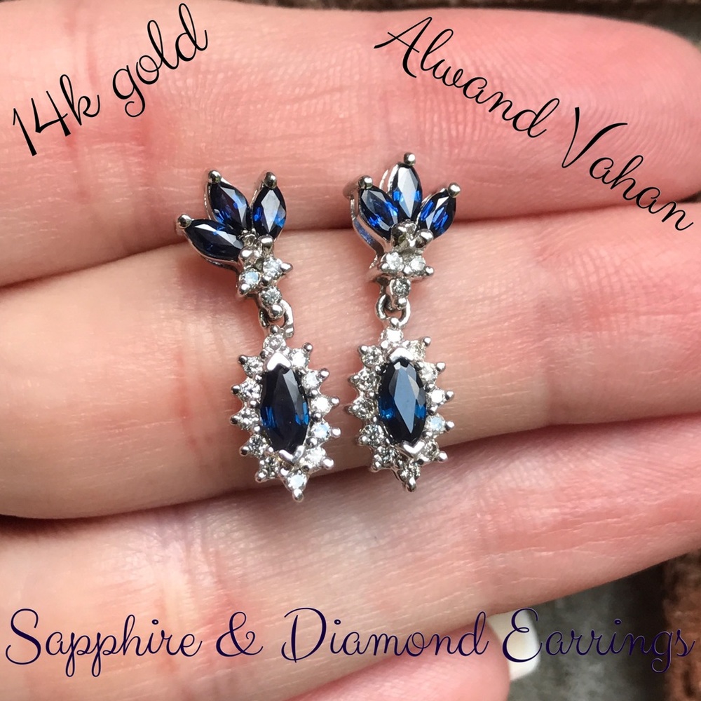 🌹SALE🌹14k Alwand Vahan Sapphire Diamond Earrings - Picture 1 of 8