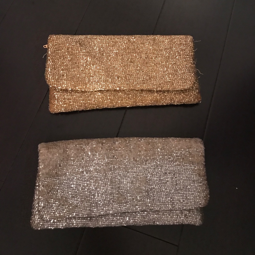 Moyna beaded clutches in silver and gold