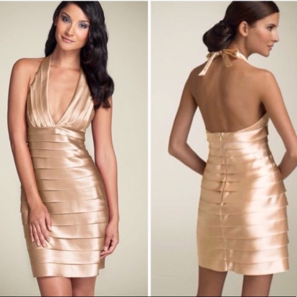 BCBGMaxazria Malin Satin Laser Cut Halter Dress