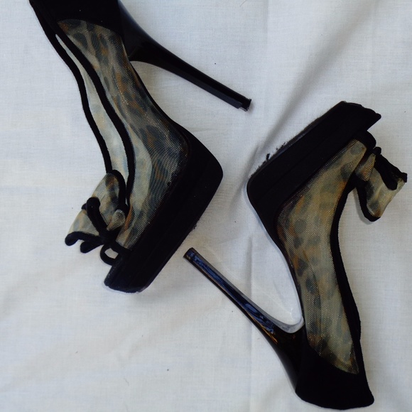 Kardashian Kollection Mesh Leopard Peep Toe Heels - Picture 3 of 7