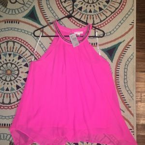 Bright pink tank with beaded neckline