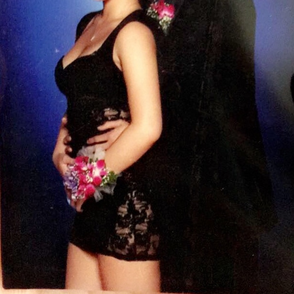 Black Bodycon Lace Rushed Dress Size S/M