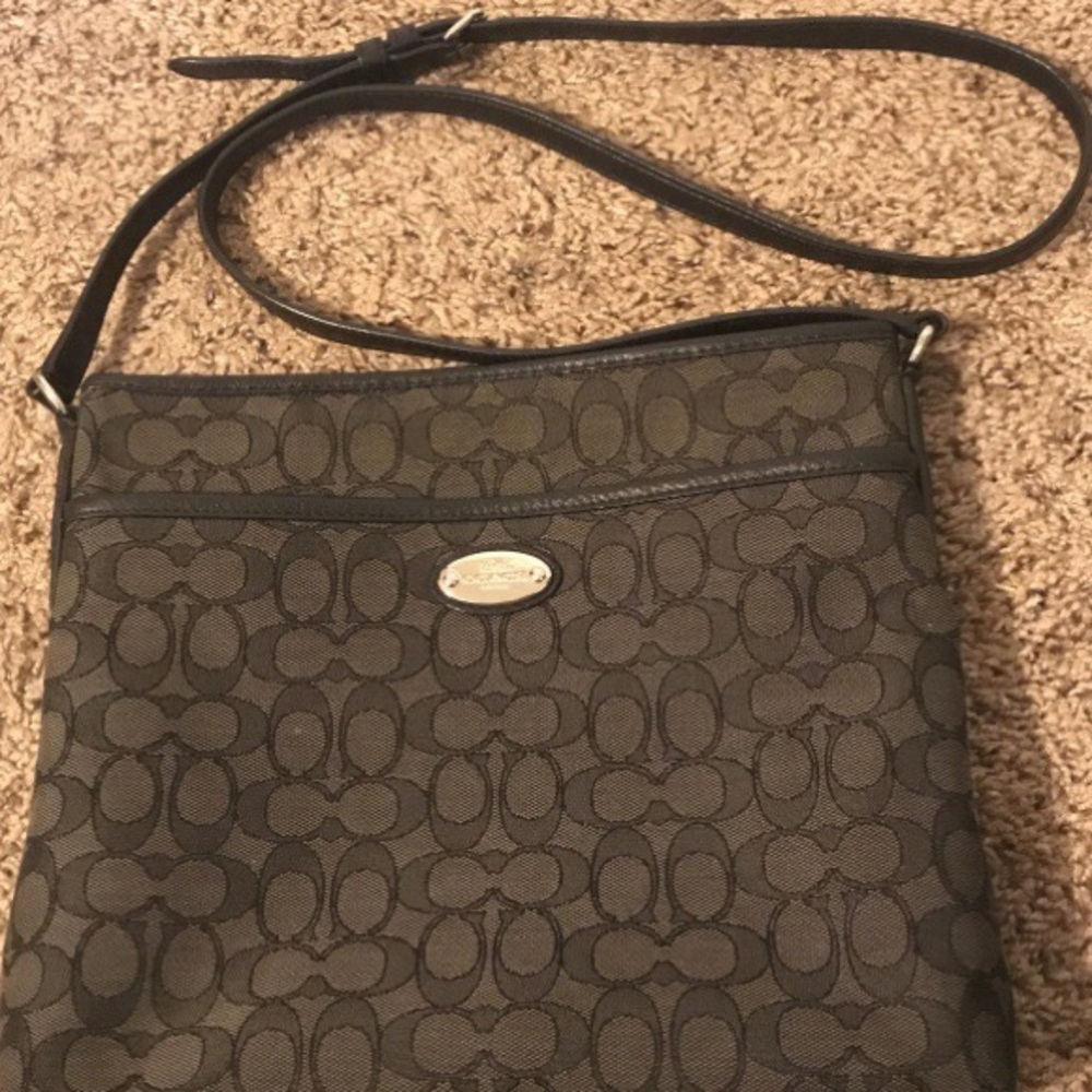 Gray and black Monogram Coach cross-body bag