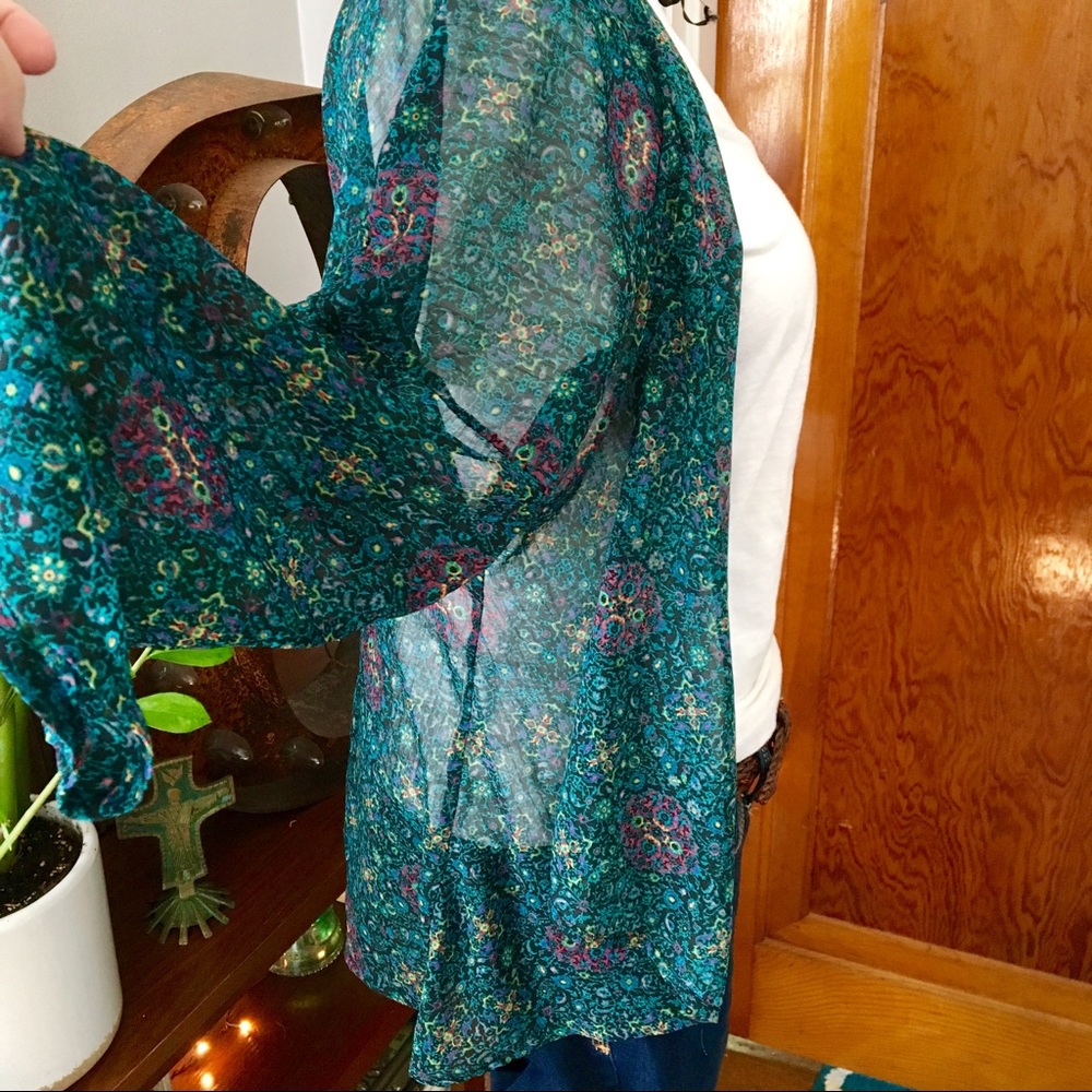 Teal Floral Kimono Blouse Cardigan