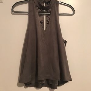 Olivaceous grey faux suede key hole top