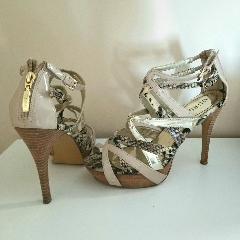 GUESS Snakeskin Strappy Heels